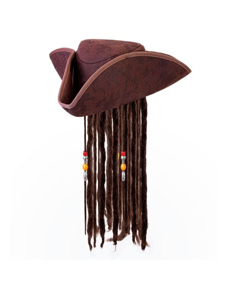 Tricorne pirate marron avec cheveux dreadlocks pour déguisement