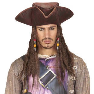 Tricorne pirate marron avec cheveux dreadlocks pour déguisement