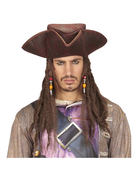 Tricorne pirate marron avec cheveux dreadlocks pour déguisement