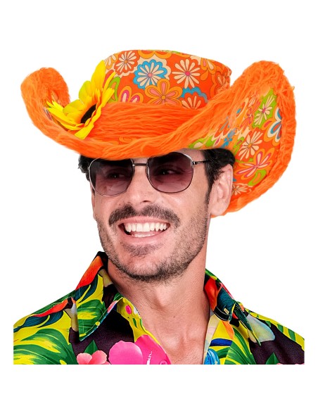 Chapeau Ibiza coloré avec bordure peluche et motifs fleuris