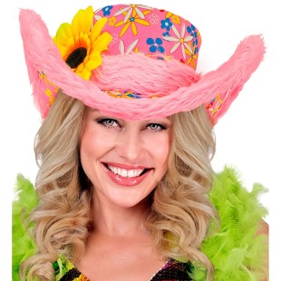 Chapeau Ibiza coloré avec bordure peluche et motifs fleuris