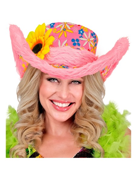Chapeau Ibiza coloré avec bordure peluche et motifs fleuris