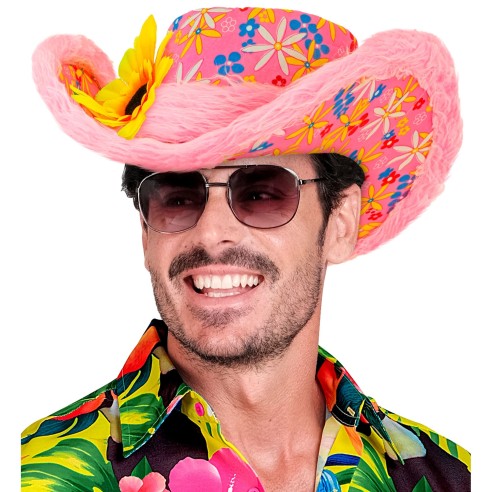 Chapeau Ibiza coloré avec bordure peluche et motifs fleuris