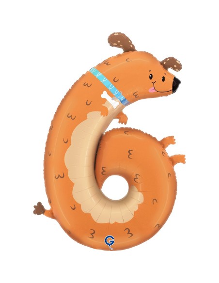 Ballon chien chiffre 6 gonflage air/hélium pour anniversaire enfant