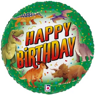 Ballon rond Happy Birthday thème dinosaure et gonflage à l'hélium
