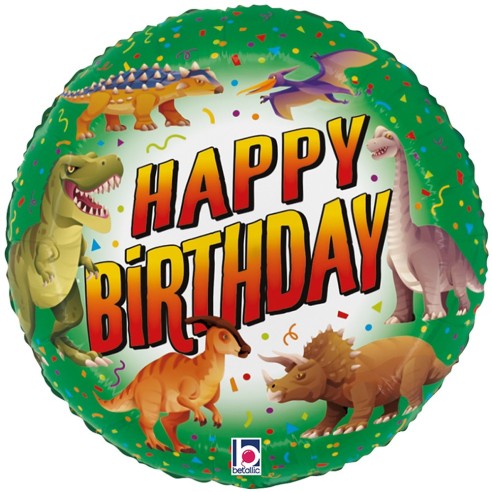 Ballon rond Happy Birthday thème dinosaure et gonflage à l'hélium