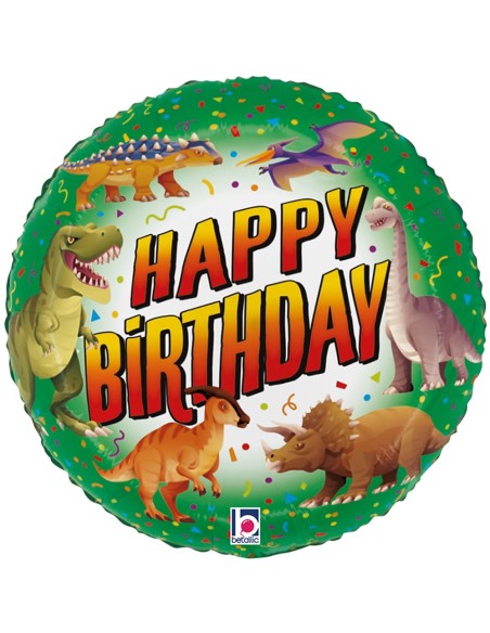 Ballon rond Happy Birthday thème dinosaure et gonflage à l'hélium