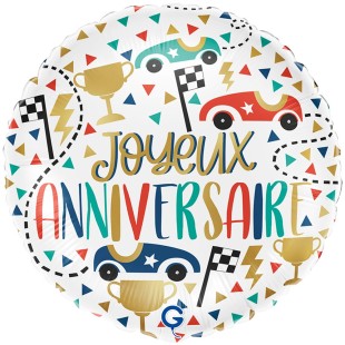 Ballon rond Joyeux Anniversaire thème voitures de courses gonflage à l'hélium