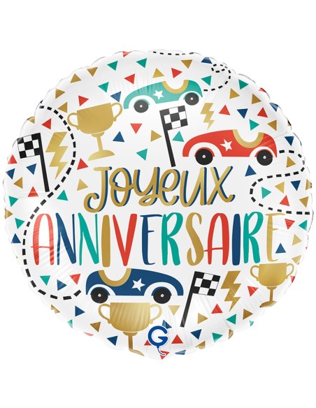 Ballon rond Joyeux Anniversaire thème voitures de courses gonflage à l'hélium