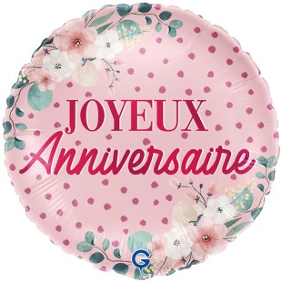 Ballon Joyeux Anniversaire rose avec fleurs gonflage hélium