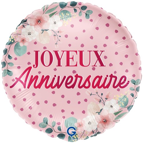 Ballon Joyeux Anniversaire rose avec fleurs gonflage hélium