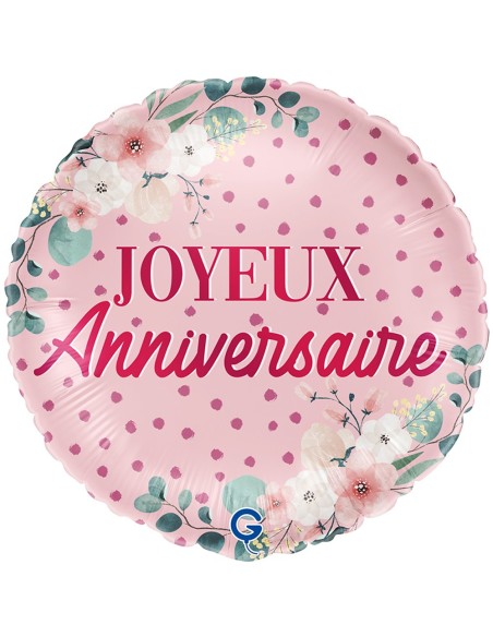 Ballon Joyeux Anniversaire rose avec fleurs gonflage hélium