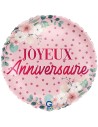 Ballon Joyeux Anniversaire rose avec fleurs gonflage hélium