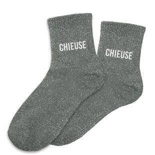 Paire de chaussettes paillettes grises avec la mention Chieuse