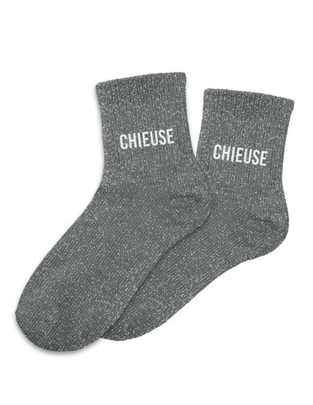 Paire de chaussettes paillettes grises avec la mention Chieuse
