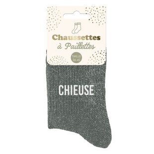 Paire de chaussettes paillettes grises avec la mention Chieuse 2
