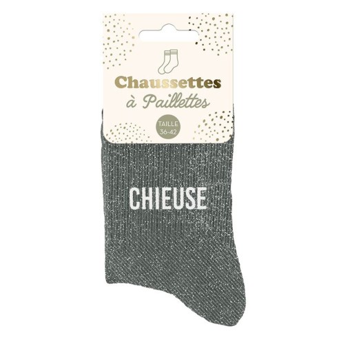 Paire de chaussettes paillettes grises avec la mention Chieuse