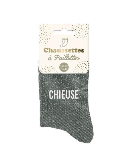 Paire de chaussettes paillettes grises avec la mention Chieuse