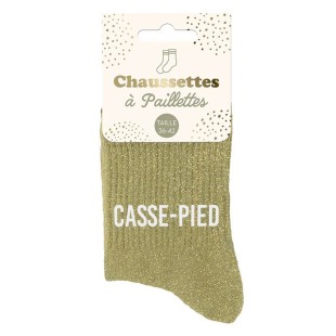 Paire de chaussettes paillettes dorées avec la mention Casse-Pied 2