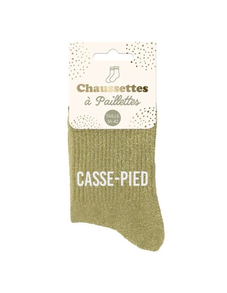 Paire de chaussettes paillettes dorées avec la mention Casse-Pied