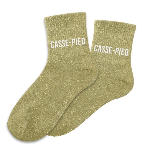 Paire de chaussettes paillettes dorées avec la mention Casse-Pied