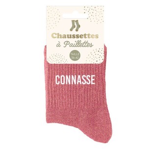 Paire de chaussettes paillettes roses avec la mention Connasse 2
