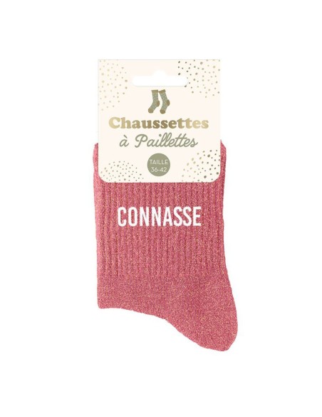 Paire de chaussettes paillettes roses avec la mention Connasse