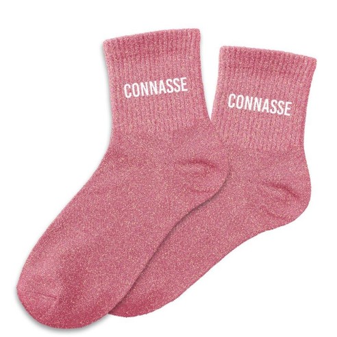 Paire de chaussettes paillettes roses avec la mention Connasse