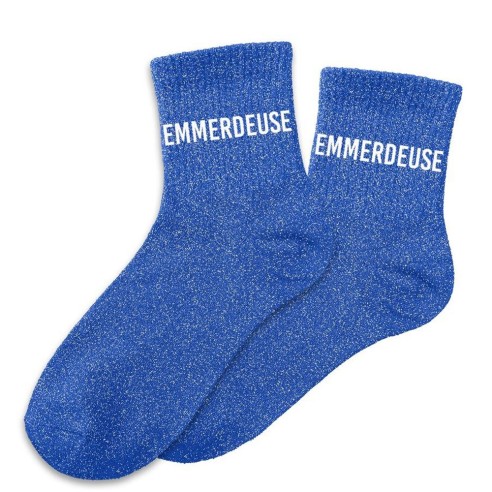 Paire de chaussettes paillettes bleu avec la mention Emmerdeuse