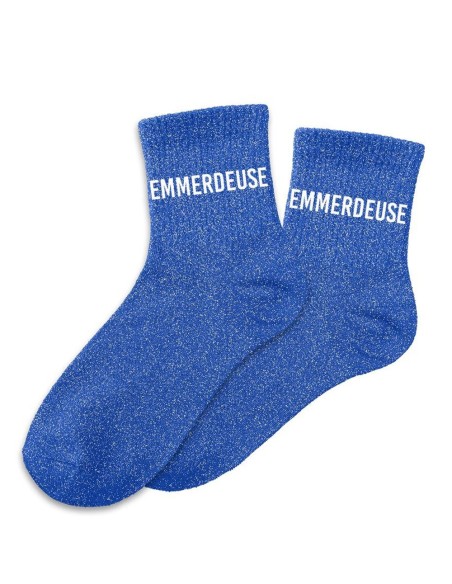 Paire de chaussettes paillettes bleu avec la mention Emmerdeuse