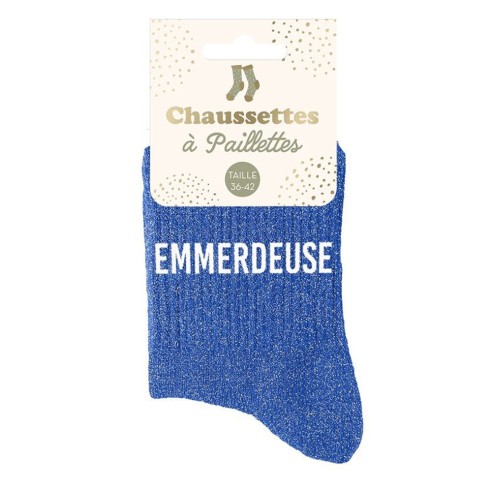 Paire de chaussettes paillettes bleu avec la mention Emmerdeuse