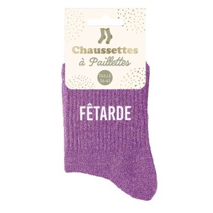 Paire de chaussettes paillettes violet avec la mention Fêtarde 2