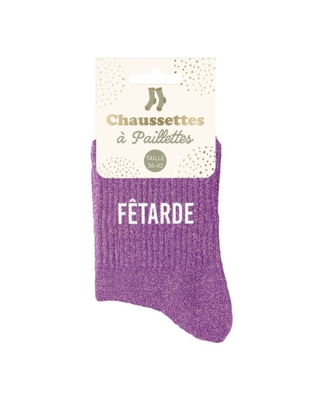 Paire de chaussettes paillettes violet avec la mention Fêtarde
