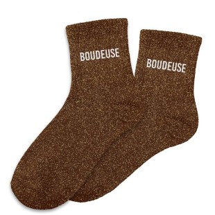 Paire de chaussettes paillettes marron avec la mention Boudeuse