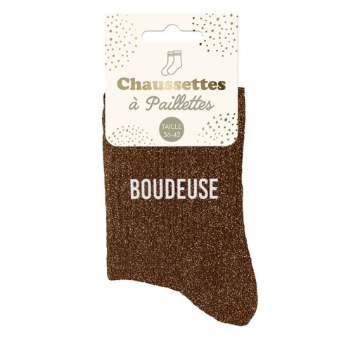 Paire de chaussettes paillettes marron avec la mention Boudeuse