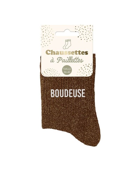 Paire de chaussettes paillettes marron avec la mention Boudeuse