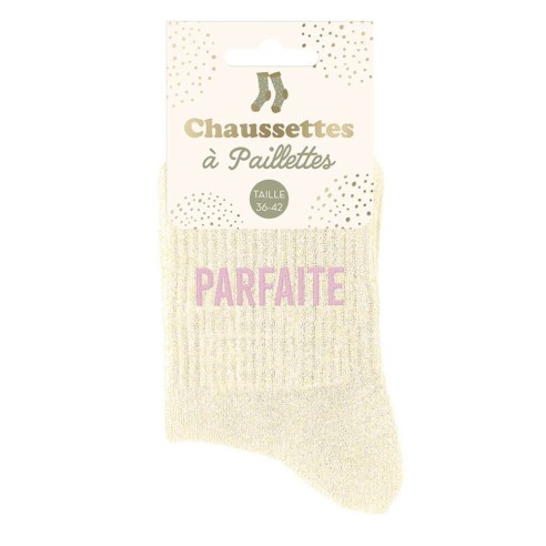 Paire de chaussettes paillettes écru avec la mention Parfaite