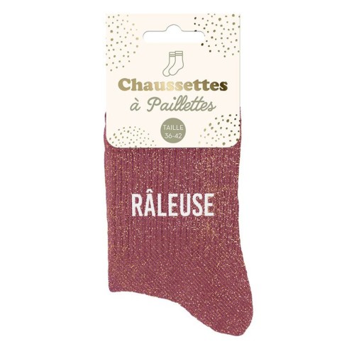 Paire de chaussettes paillettes pourpre avec la mention Râleuse