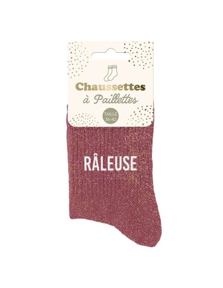 Paire de chaussettes paillettes pourpre avec la mention Râleuse