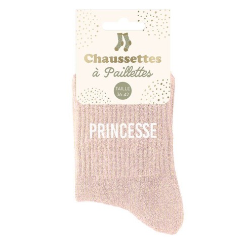 Paire de chaussettes paillettes roses avec la mention Princesse
