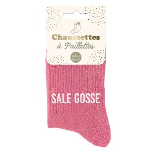 Paire de chaussettes paillettes roses avec le texte Sale Gosse 2