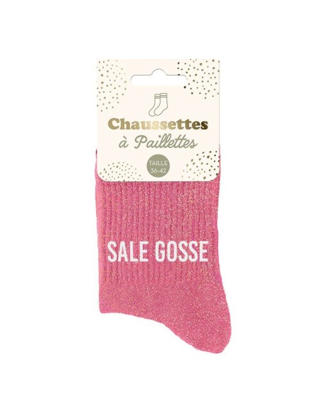 Paire de chaussettes paillettes roses avec le texte Sale Gosse