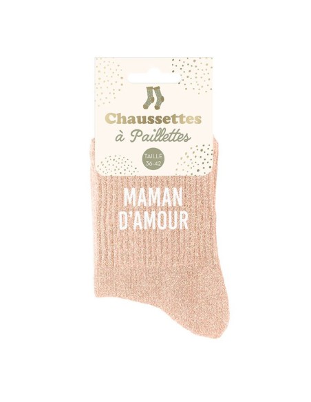 Paire de chaussettes paillettes roses avec le texte Maman d'Amour