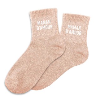 Paire de chaussettes paillettes roses avec le texte Maman d'Amour