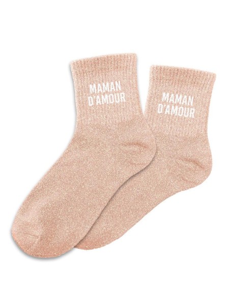 Paire de chaussettes paillettes roses avec le texte Maman d'Amour