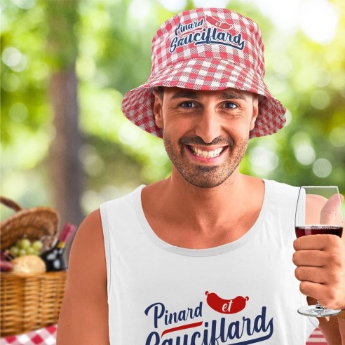 Chapeau bob rouge humoristique Pinard et Sauciflard pour apéro d'été
