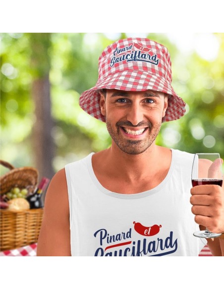 Chapeau bob rouge humoristique Pinard et Sauciflard pour apéro d'été