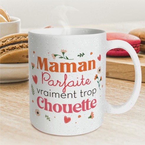 Mug paillettes blanc "Maman Parfaite Vraiment Trop Chouette"