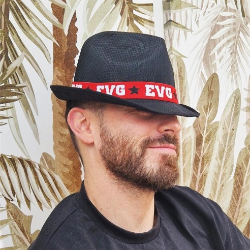 Chapeau borsalino noir avec bandeau rouge EVG chez Festimania