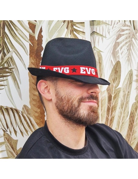 Chapeau borsalino noir avec bandeau rouge EVG chez Festimania
